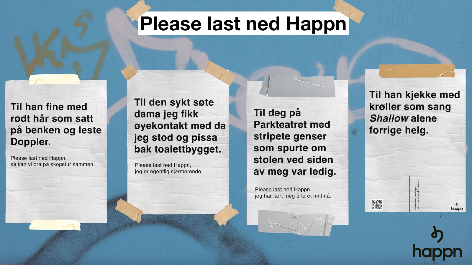 Fire hvite kontaktannonser tapet opp på en blå graffitivegg