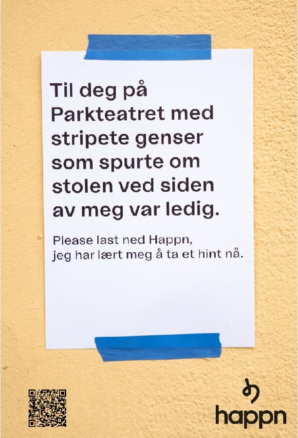 Plakat: Til deg på Parkteatret med stripete genser som spurte om stolen ved siden av meg var ledig