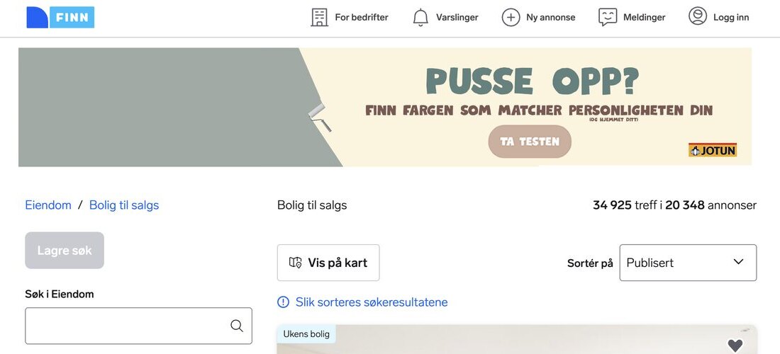 Jotun-annonse på Finn: grågrønn malingsflate med malerull, og teksten Pusse opp? Finn fargen som matcher personligheten din