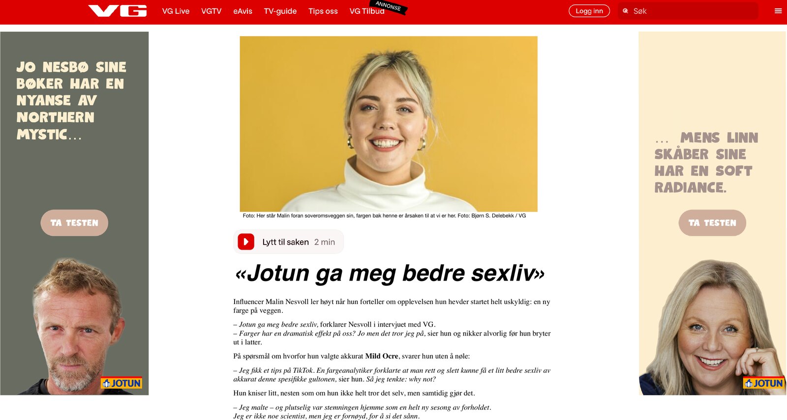 VG-artikkel: «Jotun ga meg bedre sexliv», med Jotun-annonser på sidene